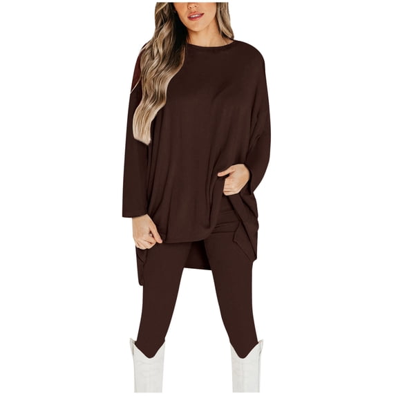 Mlzmgr Sets for Women 2 Piece Crewneck Long Sleeve High Low Hem Tops and Yoga Legging Pants Casual Matching Set(Large,Brown)