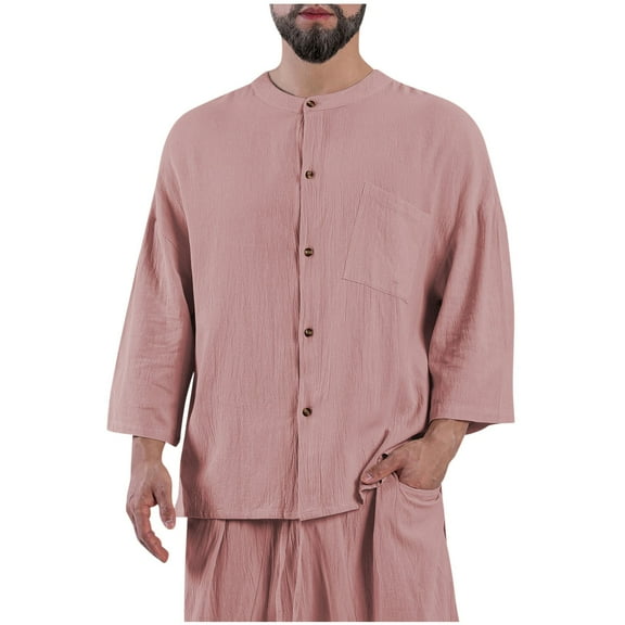 Mlzmgr Shirts for Men Long Sleeve Button down Crew Neck Pajama Shirts Loungewear Sleep Tops Solid Color