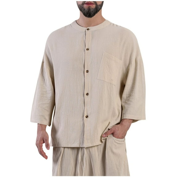 Mlzmgr Shirts for Men Long Sleeve Button down Crew Neck Pajama Shirts Loungewear Sleep Tops Solid Color
