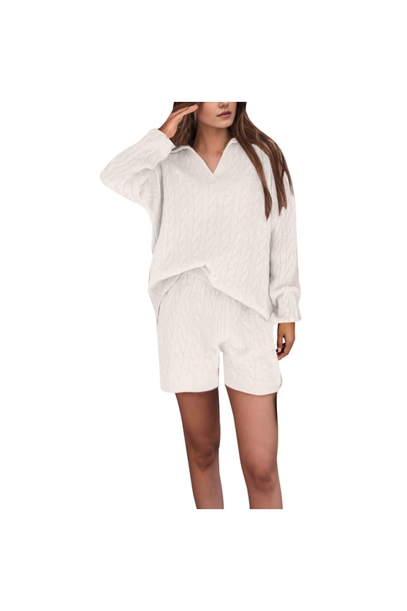 Sweater Sets for Women 2 Piece V Neck Collar Long Sleeve Tops and Shorts Knitted Loose Casual Matching Outfits(Medium,Beige)