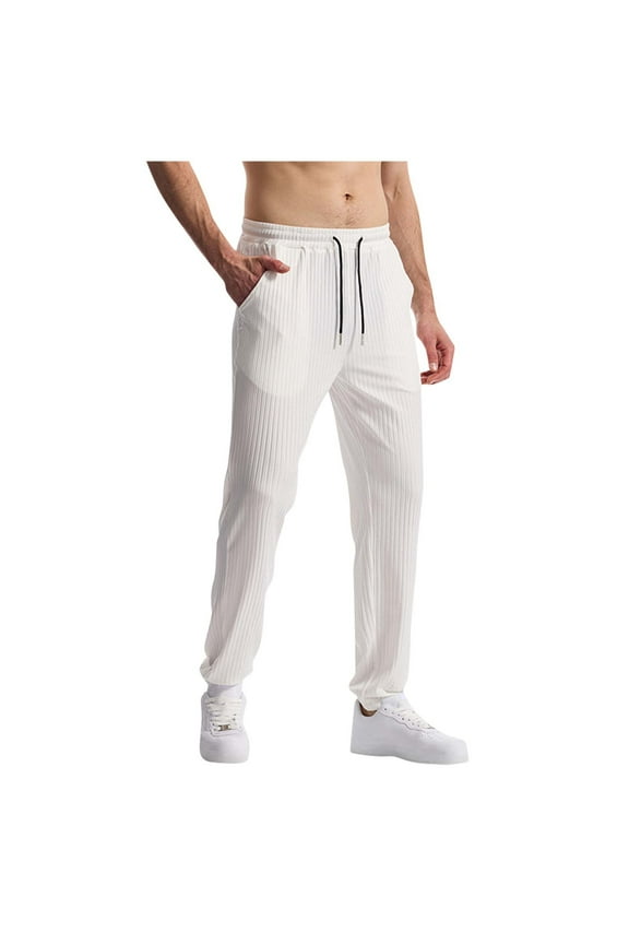 Sweatpants for Men Drawstring Straight Leg Soft Ribbed Knit Trousers Summer Workout Gym Pants