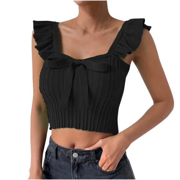 Mlzmgr Tank Tops for Women Cropped Ruffle Sleeveless Square Neck Comfy Casual Tops Summer Fashion