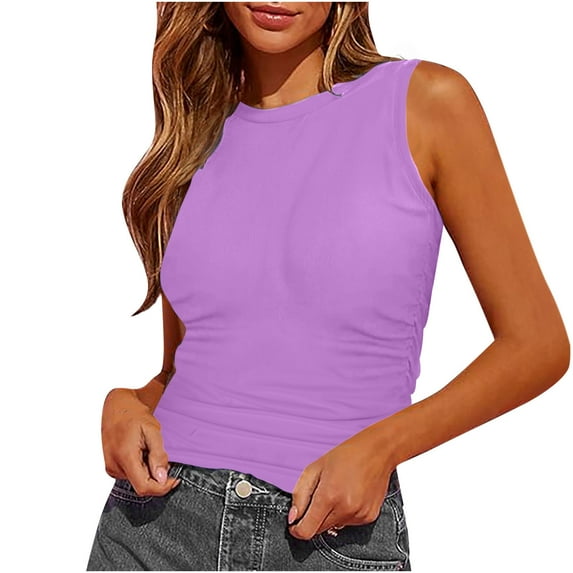 Mlzmgr Tank Tops for Women Summer Casual Round Neck Ruched Slim Fitting Comfy Sleeveless Tops Tee