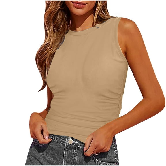 Mlzmgr Tank Tops for Women Summer Casual Round Neck Ruched Slim Fitting Comfy Sleeveless Tops Tee