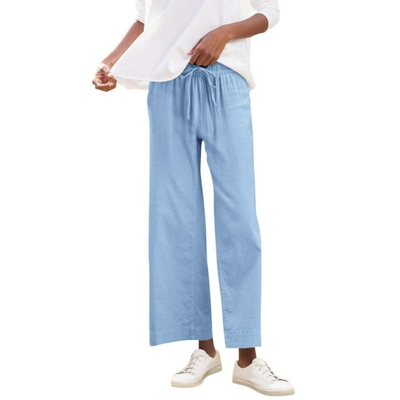 Mlzmgr Wide Leg Pants for Women Cotton Linen Loose Comfy Straight Leg Pants Solid Color with Pockets