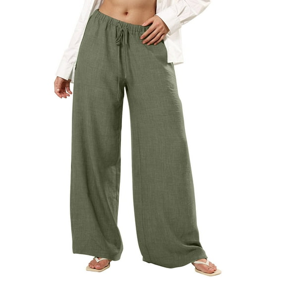 Mlzmgr Wide Leg Pants for Women High Waisted Linen Pants Drawstring Loose Comfy Trousers Vacation Casual Pants