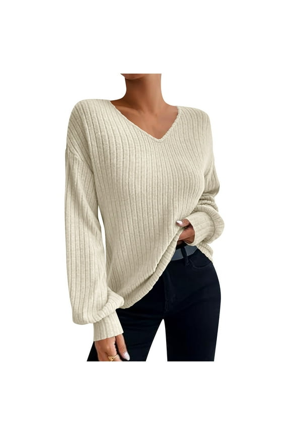 Women's Sweaters Long Sleeve Loose Fitted Crewneck Ribbed Knit Homewear Shirts Fall Winter Trendy