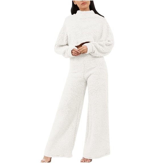 Mlzmgr Womens 2 Piece Sets Long Sleeve Crewneck Crop Tops Wide Leg Pants Thick Fuzzy Fall Winter Homewear Outfits(X-Large,White)