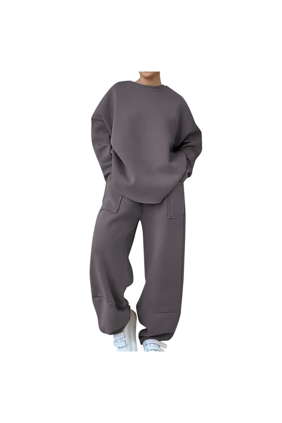 Womens 2 Piece Sets Sweatsuits Long Sleeve Crewneck Sweatshirts Straight Leg Pockets Pants Thick Fall Winter Outfits(Medium,Gray)