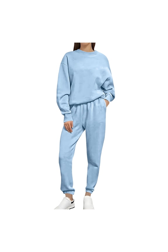 Womens 2 Piece Sweatsuits Fleece Thick Crewneck Long Sleeve Tops and Pocket Jogger Pants Casual Fall Winter Outfits(Medium,Blue)