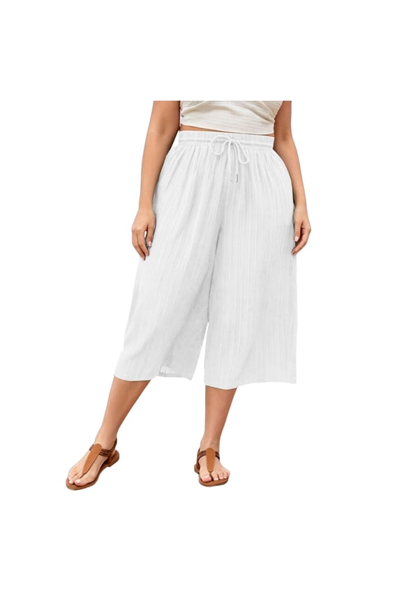 Womens Capri Pants Crinkle Drawstring Elastic Waist Wide Leg Loose Fit Lightweight Summer Beach Casual Capris