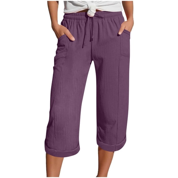 Mlzmgr Womens Capri Pants Drawstring Elastic Waist Wide Leg Loose Fit Rolled Hem Lightweight Casual Summer Capris with Pockets