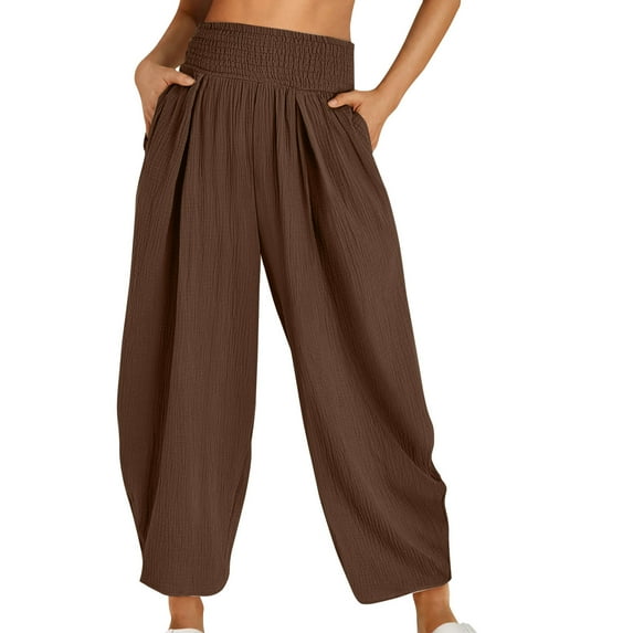 Mlzmgr Womens Cotton Linen Pants Elastic High Waisted Casual Pants with Pockets Daily Going out Pants S-3XL
