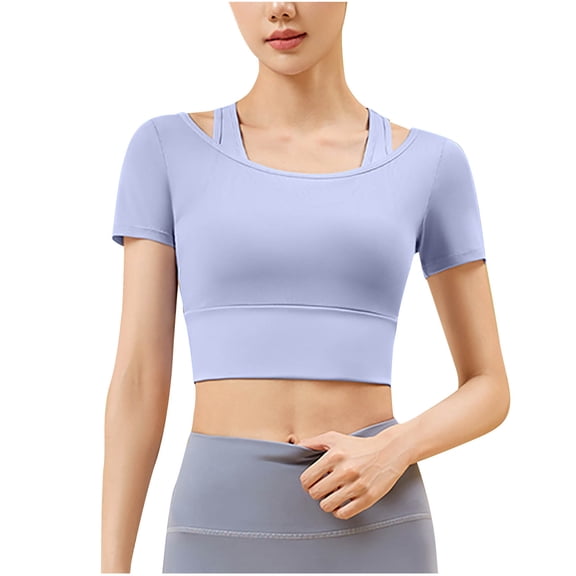 Mlzmgr Womens Crop Tops with Built in Bra Short Sleeve Crewneck Quick Drying T Shirts Stretchy Yoga Workout Tees