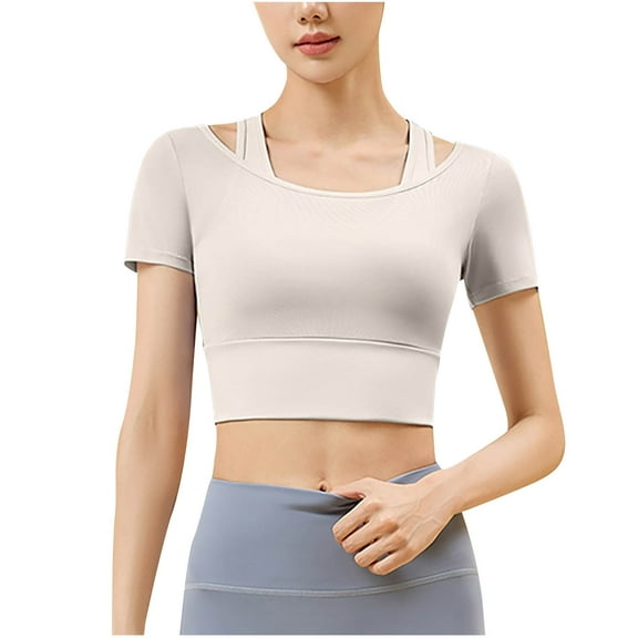 Mlzmgr Womens Crop Tops with Built in Bra Short Sleeve Crewneck Quick Drying T Shirts Stretchy Yoga Workout Tees