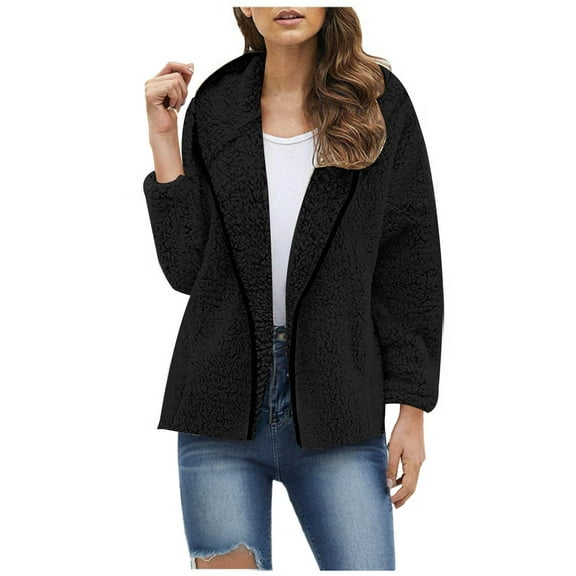 Mlzmgr Womens Jackets Fleece Hooded Long Sleeve Open Front Cardigan Thermal Casual Homewear Tops Solid Color