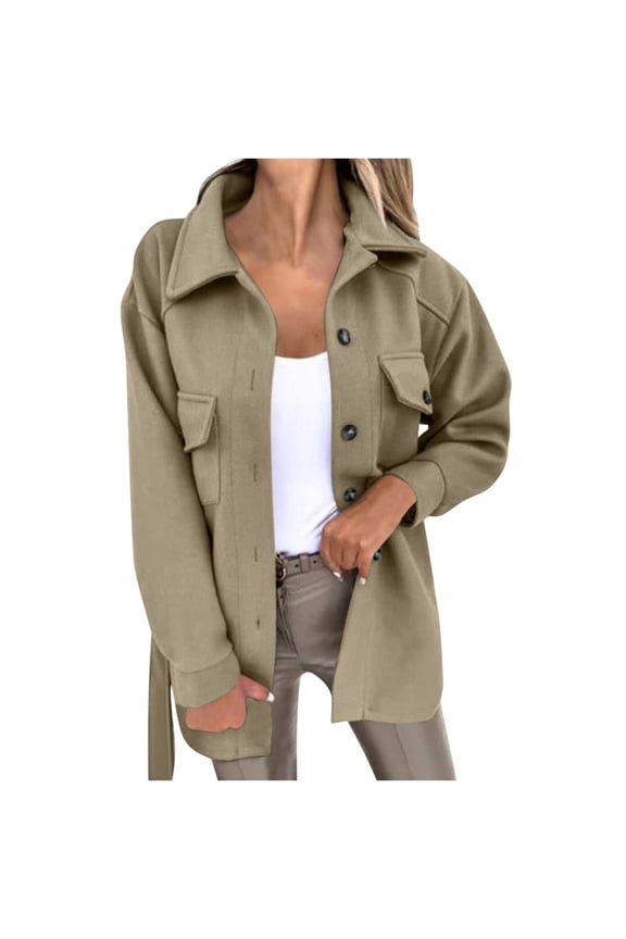 Womens Jackets Long Sleeve with Belt Loose Fitted Side Pockets Casual Going out Overcoats for Women