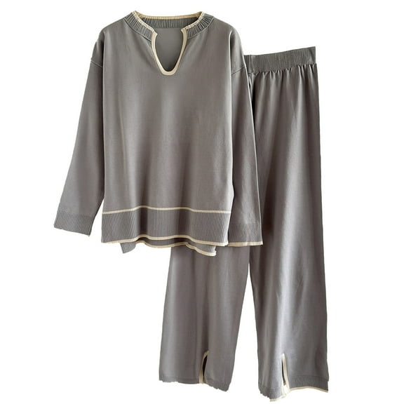 Mlzmgr Womens Pajama Sets Loose Fitted V Neck Pullover Shirts with Pockets Elastic Waisted Pants for Women Sleep Wear