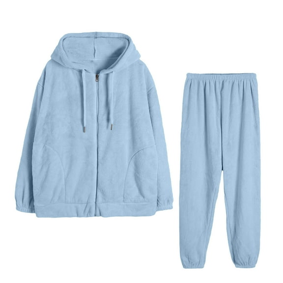 Mlzmgr Womens Sets Long Sleeve Hooded Fuzzy Fleece Full Zip Warm Shirts Full Length Pants 2 PC Casual Sets for Women Homewear