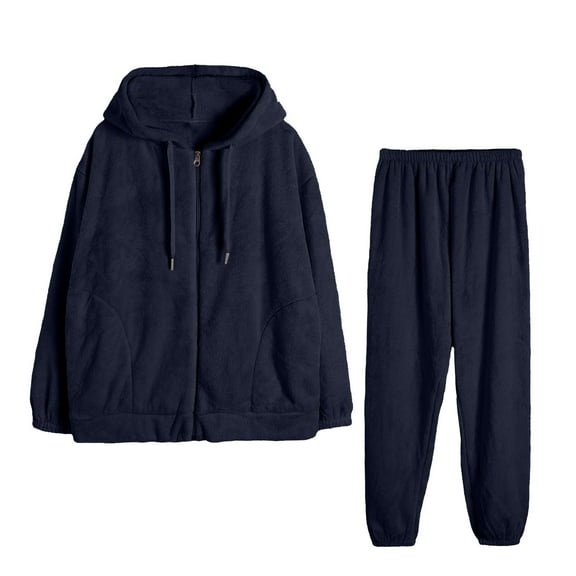 Mlzmgr Womens Sets Long Sleeve Hooded Fuzzy Fleece Full Zip Warm Shirts Full Length Pants 2 PC Casual Sets for Women Homewear