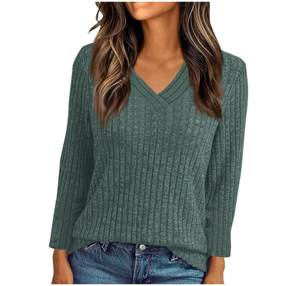 Mlzmgr Womens Sweaters Long Sleeve Ribbed Knit Casual V Neck Tops Soft Comfy Womens Tops Going out Loungewear