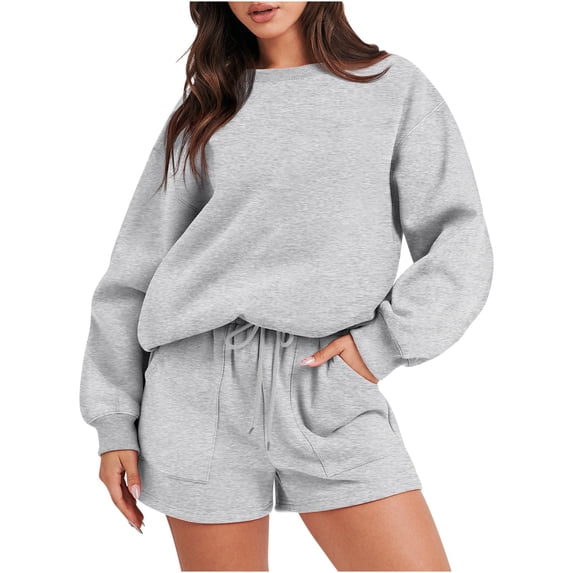 Mlzmgr Womens Sweatsuits 2 Piece Sets Crewneck Long Sleeve Tops Drawstring Pockets Shorts Loose Casual Athletic Outfits(3X-Large,Gray)