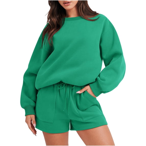 Mlzmgr Womens Sweatsuits 2 Piece Sets Crewneck Long Sleeve Tops Drawstring Pockets Shorts Loose Casual Athletic Outfits(3X-Large,Green)