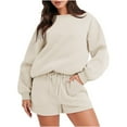 thumbnail image 1 of Mlzmgr Womens Sweatsuits 2 Piece Sets Crewneck Long Sleeve Tops Drawstring Pockets Shorts Loose Casual Athletic Outfits(XX-Large,Khaki), 1 of 9