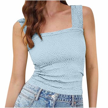 Mlzmgr Womens Tank Tops Square Neck Wide Straps Flower Lettuce Trim Crop Slim Fitted Sleeveless Cami Top