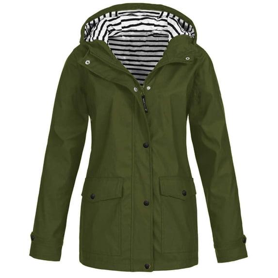 Mlzmgr Womens Windbreaker Jackets Striped Hooded Long Sleeve Zip up Button Casual Fashion Outdoor Waterproof Jackets with Pockets(5X-Large,Army Green)