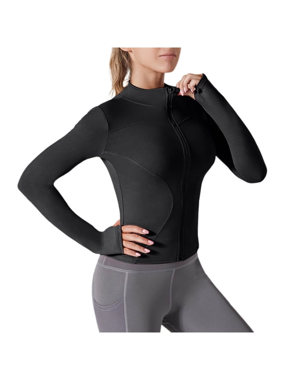 Workout Jackets for Women Long Sleeve Thumb Hole Zip up Stand Collar Slim Fitting Stretch Casual Athletic Yoga Jackets(Medium)