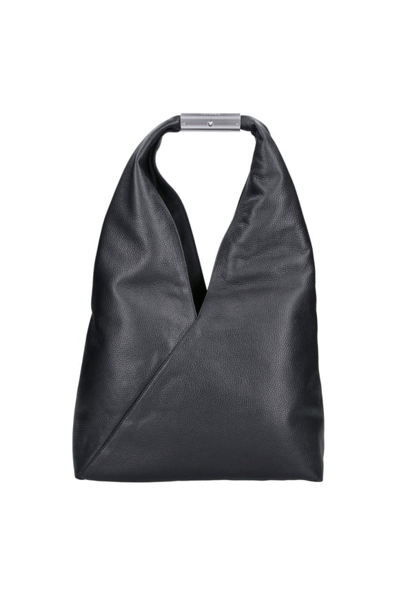 Women's Black Triangular Pebbled Leather Silver Handle Handbag Black