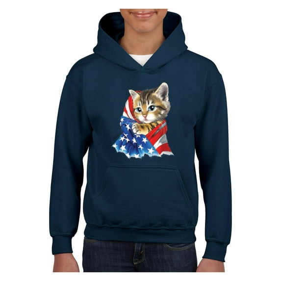 MmF - Big Boys Hoodies and Sweatshirts, up to Big Boys Size 24 - American Flag 4th of July Kitty