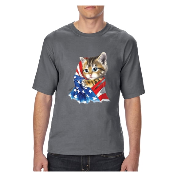 MmF - Big Men's T-Shirt, up to Tall Size 3XLT - American Flag 4th of July Kitty