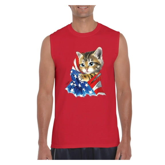MmF - Men's Graphic T-Shirt Sleeveless, up to Men Size 3XL - American Flag 4th of July Kitty