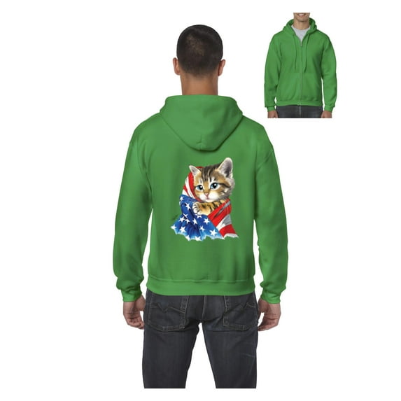 MmF - Men's Sweatshirt Full-Zip Pullover, up to Men Size 5XL - American Flag 4th of July Kitty