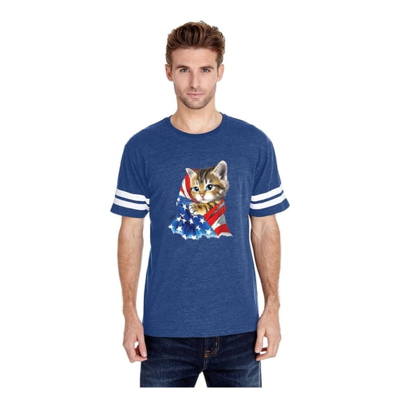 MmF - Mens Football Fine Jersey T-shirts, up to Size 3XL - American Flag 4th of July Kitty