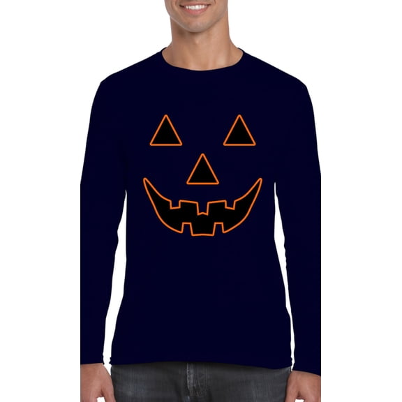 MmF - Mens Long Sleeve T-Shirts - Halloween Jack O' Lantern Pumpkin Face