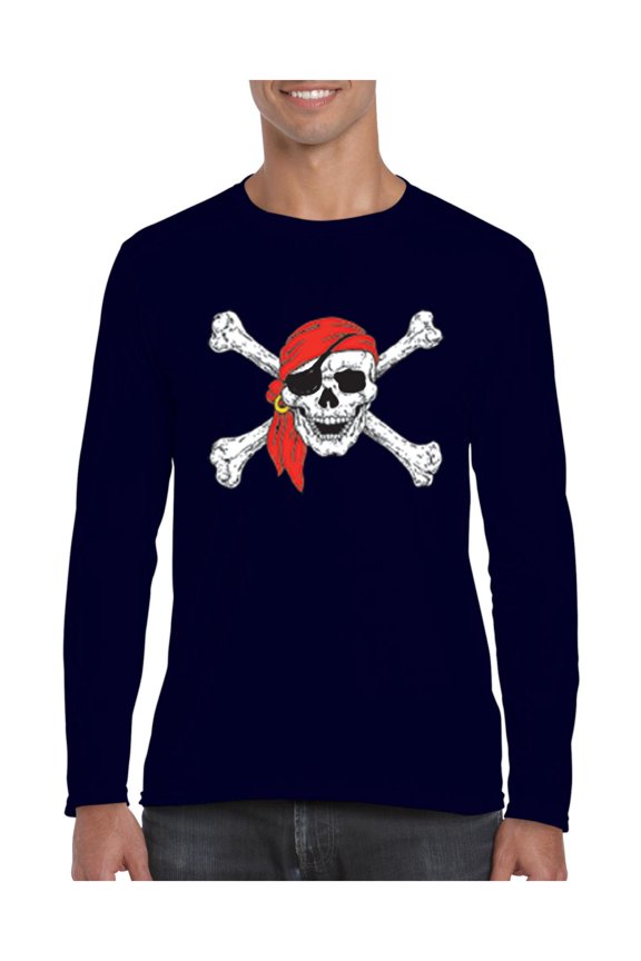 MmF - Mens Long Sleeve T-Shirts - Halloween Jolly Roger Skull Crossbones