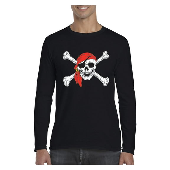 MmF - Mens Long Sleeve T-Shirts - Halloween Jolly Roger Skull Crossbones