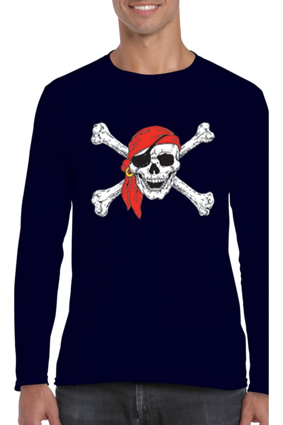 MmF - Mens Long Sleeve T-Shirts - Halloween Jolly Roger Skull Crossbones