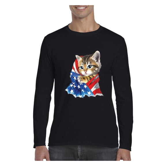 MmF - Mens Long Sleeve T-Shirts, up to Size 5XL - American Flag 4th of July Kitty