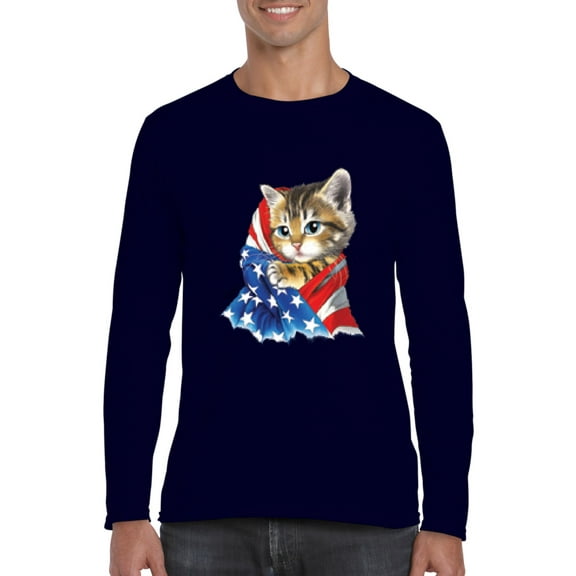 MmF - Mens Long Sleeve T-Shirts, up to Size 5XL - American Flag 4th of July Kitty