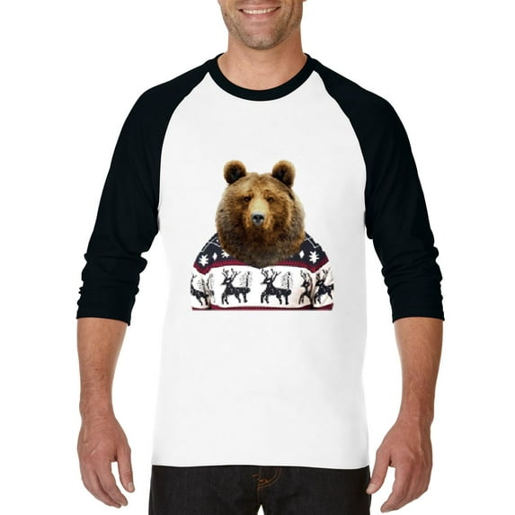 MmF - Mens Raglan Sleeve Baseball T-Shirts - BEAR IN XMAS UGLY SWEATER