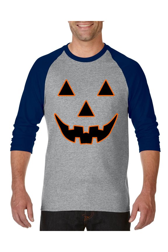 MmF - Mens Raglan Sleeve Baseball T-Shirts - Halloween Jack O' Lantern Pumpkin Face