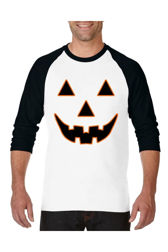 MmF - Mens Raglan Sleeve Baseball T-Shirts - Halloween Jack O' Lantern Pumpkin Face