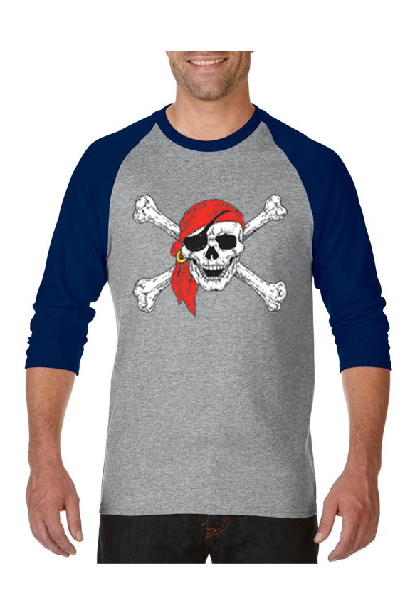 MmF - Mens Raglan Sleeve Baseball T-Shirts - Halloween Jolly Roger Skull Crossbones