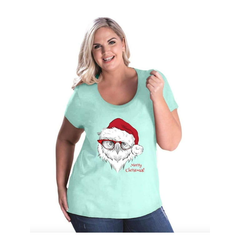 MmF Women s Plus Size Curvy T Shirt Christmas Owl with Red Hat