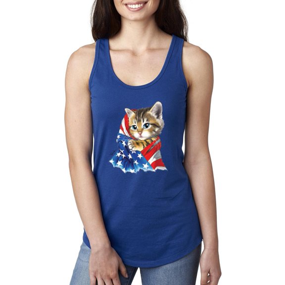 MmF - Women's Racerback Tank Top, up to Women Size 2XL - American Flag 4th of July Kitty