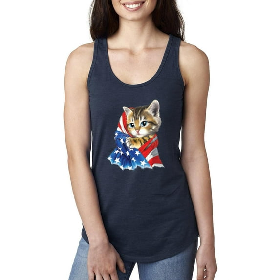 MmF - Women's Racerback Tank Top, up to Women Size 2XL - American Flag 4th of July Kitty
